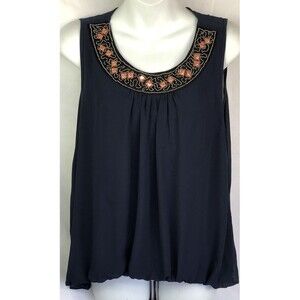 Vintage Sleeveless Tank Top XL Blue Bead ScoopNeck Balloon Hem Boho Whimsy Y2K